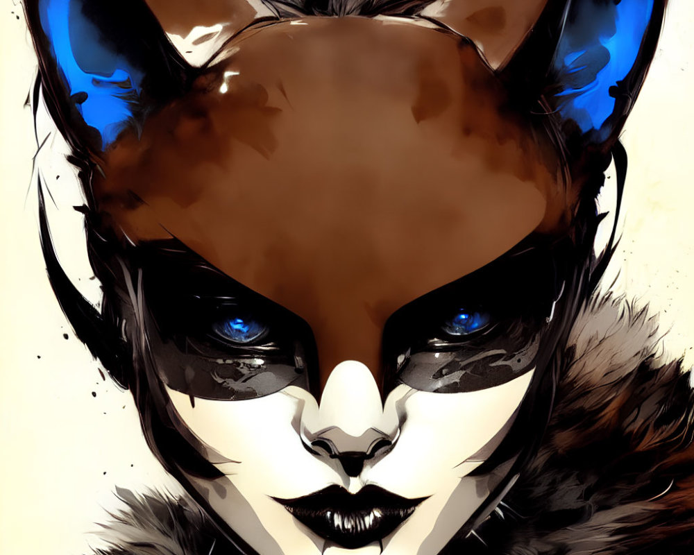 Person with Blue-Accented Fox Mask and Piercing Eyes