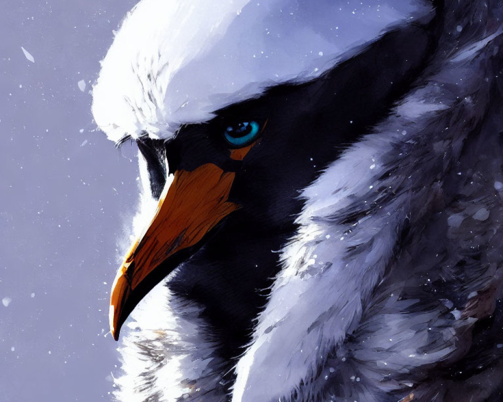 Detailed illustration of snow-covered eagle with sharp beak and intense blue eye