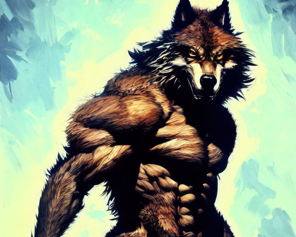 Anthropomorphic Wolf Artwork with Musculature on Blue Background