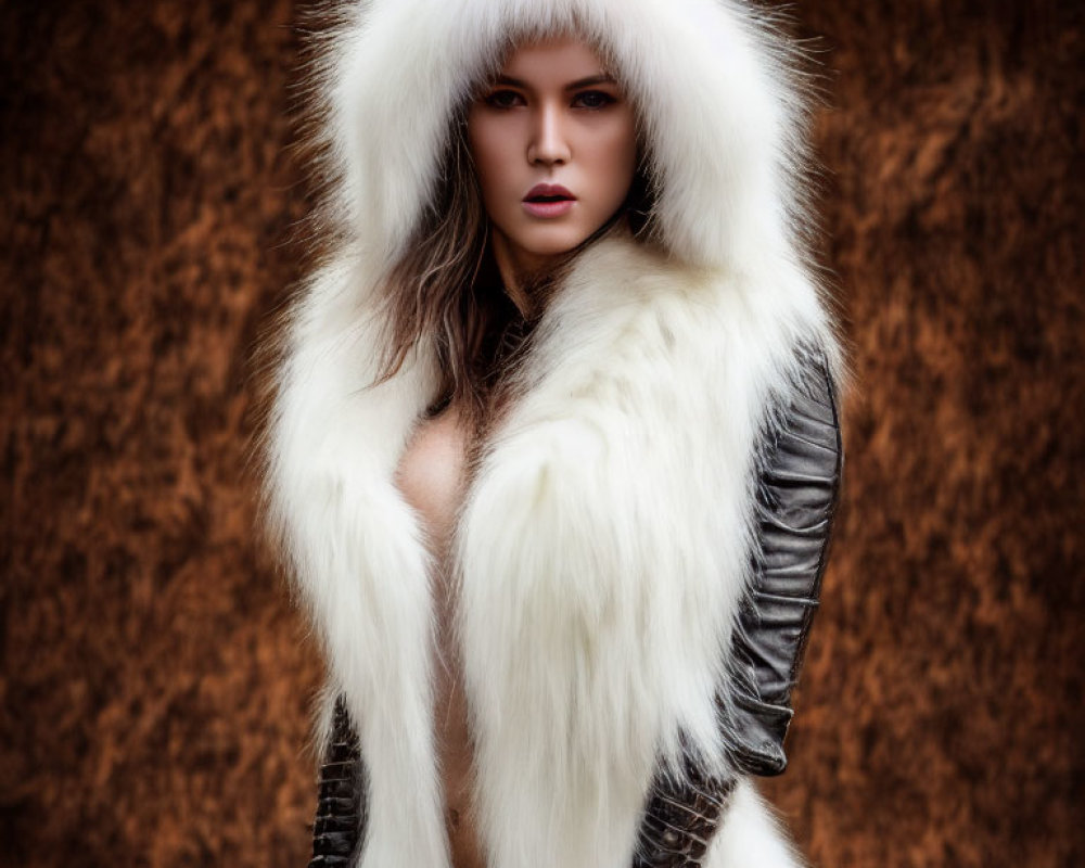 Fashionable person in white fur hood and jacket against textured backdrop