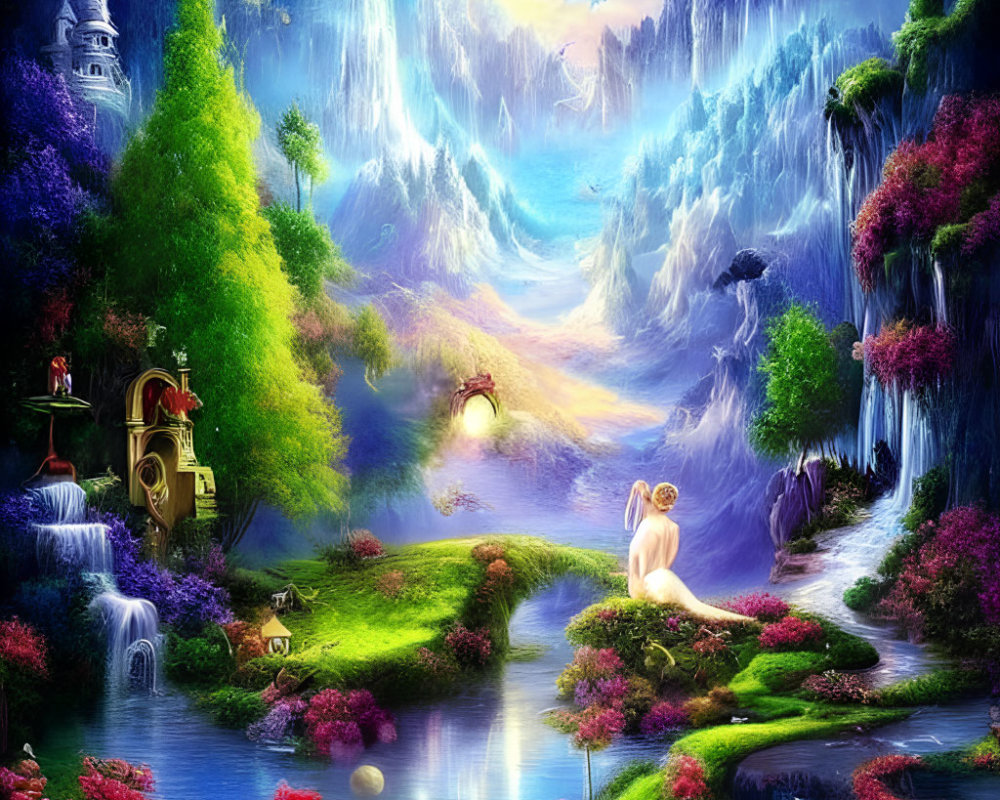 Fantasy landscape with waterfalls, woman on bridge, colorful flora, distant castle, enchanting light