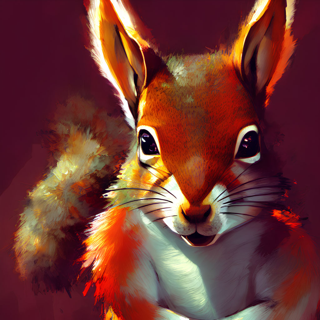 Colorful digital painting of squirrel with orange coat and fluffy tail on red background