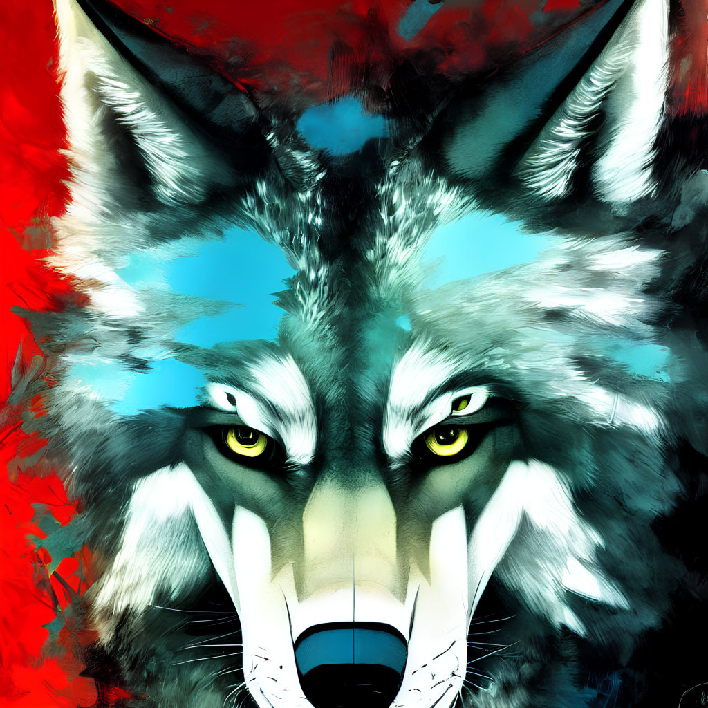 Vivid Wolf Face Art with Yellow Eyes on Red and White Background