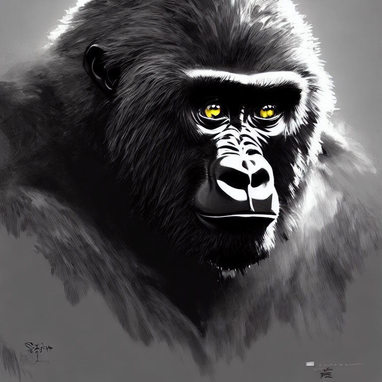 Monochromatic gorilla art with yellow eyes on textured background