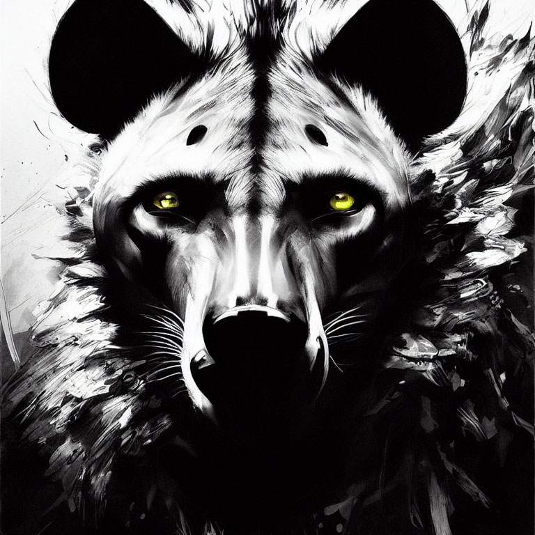 Monochromatic stylized hyena face with intense yellow eyes