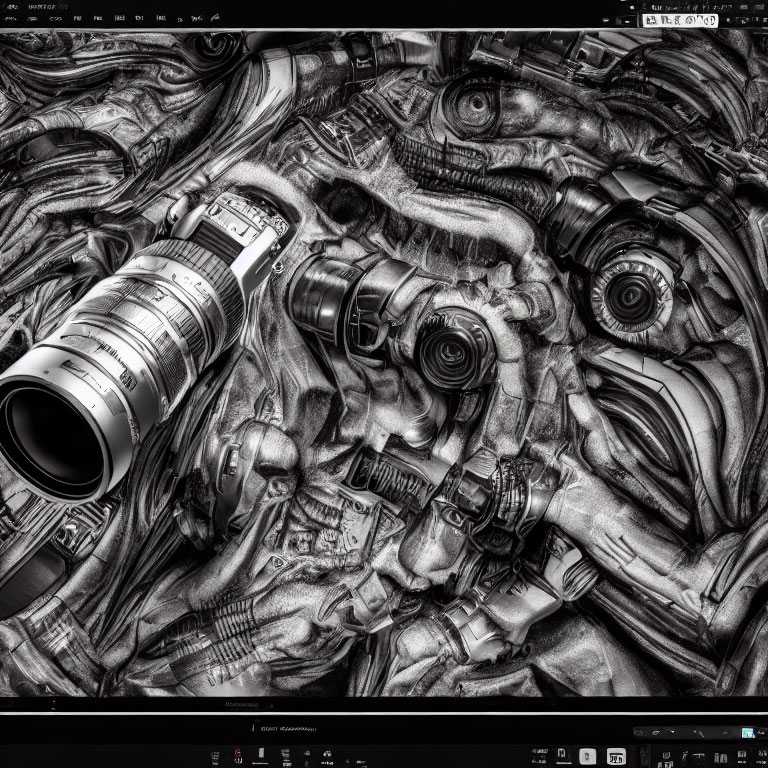 Grayscale abstract wallpaper with mechanical parts and camera lens.