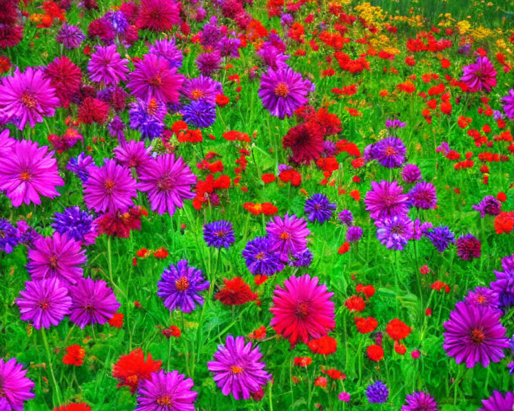 Multicolored flower field with purple, red, and yellow blossoms