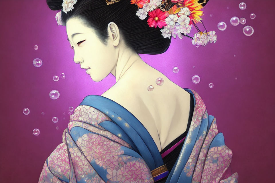 Illustrated Woman in Traditional Kimono with Floral Headdress on Pink Background