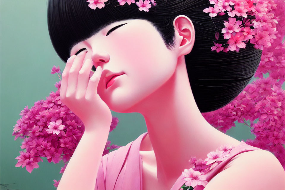 Portrait of a girl with closed eyes and dark hair adorned with pink flowers on a green backdrop