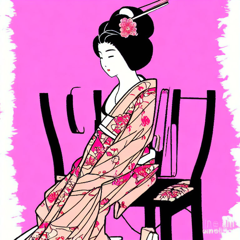 Geisha in traditional attire with floral patterns on chair against pink background