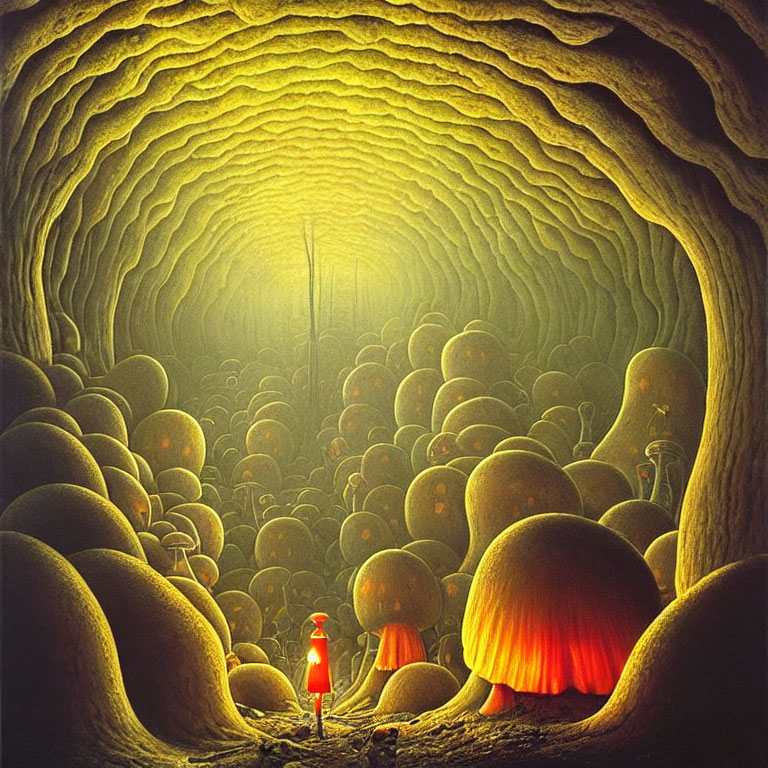 Luminous cavern with surreal walls and glowing mushrooms