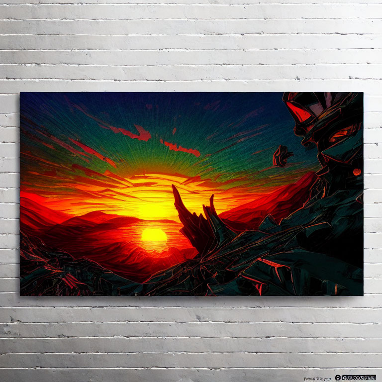 Colorful canvas painting of red and green sunset over abstract landscape