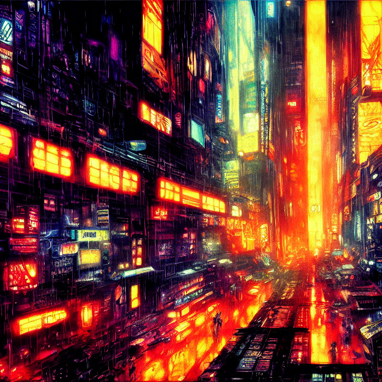 Vivid Cyberpunk Cityscape: Neon Signs, Skyscrapers, Reflective Streets