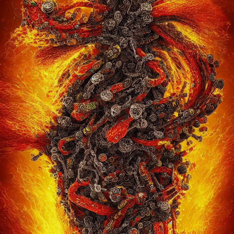 Abstract Fiery Vortex with Swirling Black Patterns and Glowing Orange and Red Hues