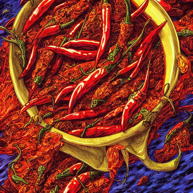 Colorful Illustration of Red Chili Peppers on Round Plate Against Blue Background