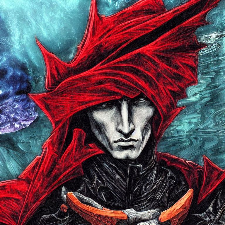 Stylized character with red spiky headpiece and dark armor on blue backdrop