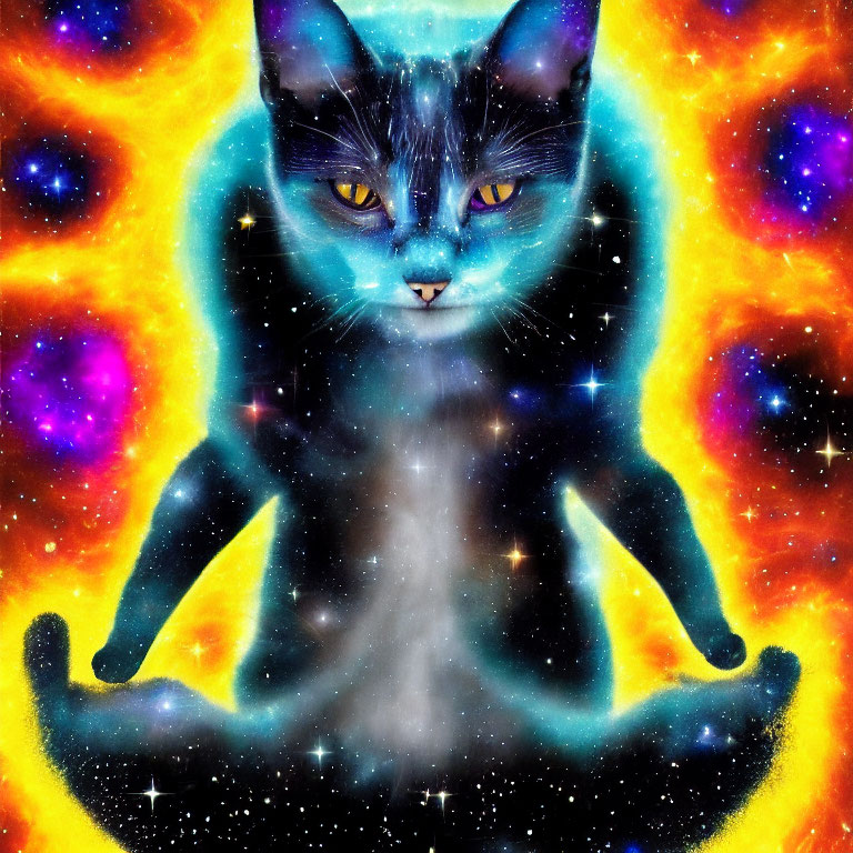 Cosmic pattern cat in meditative pose with starry nebula background