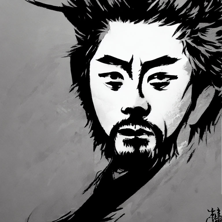 Monochrome illustration of man in traditional Asian attire with intense expression