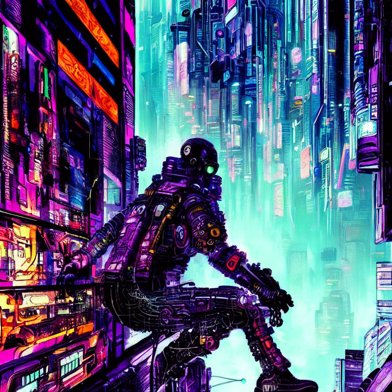 Astronaut on Edge of Futuristic Skyscraper in Neon-lit Cityscape