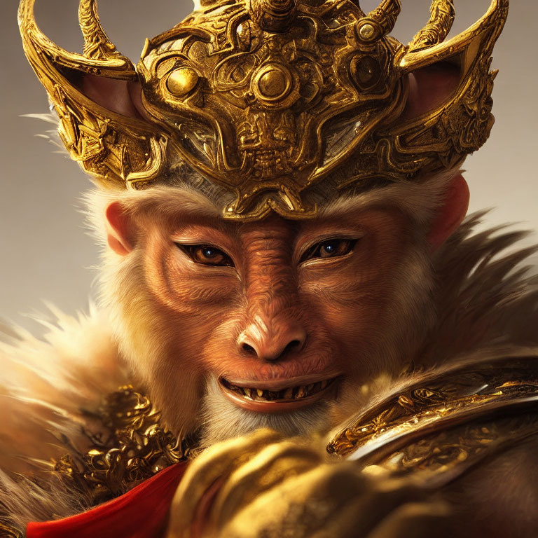 Digital illustration: Mythical monkey creature in golden armor with ornate headdress