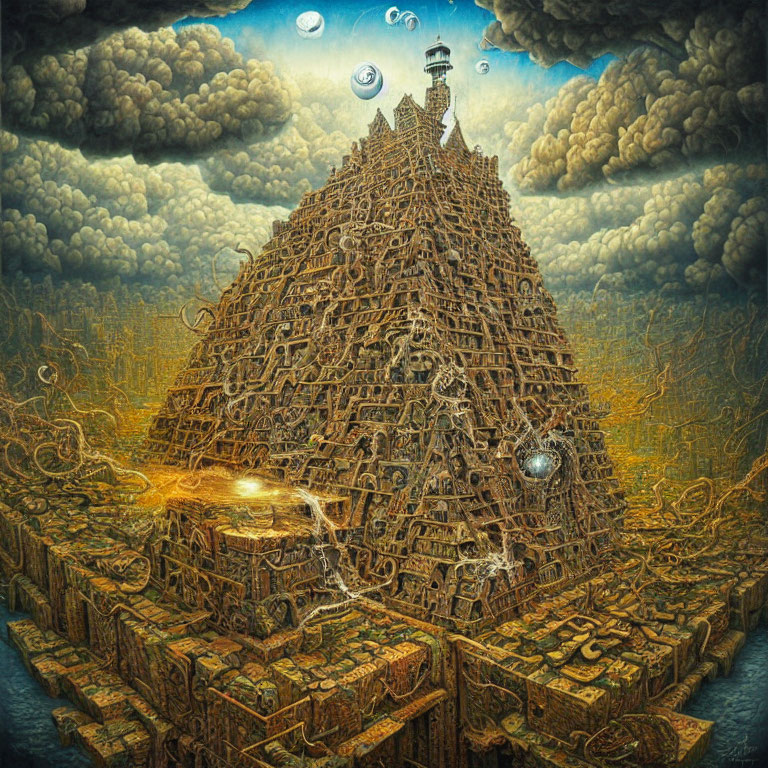 Detailed pyramid structure in golden landscape with clouds and orbs