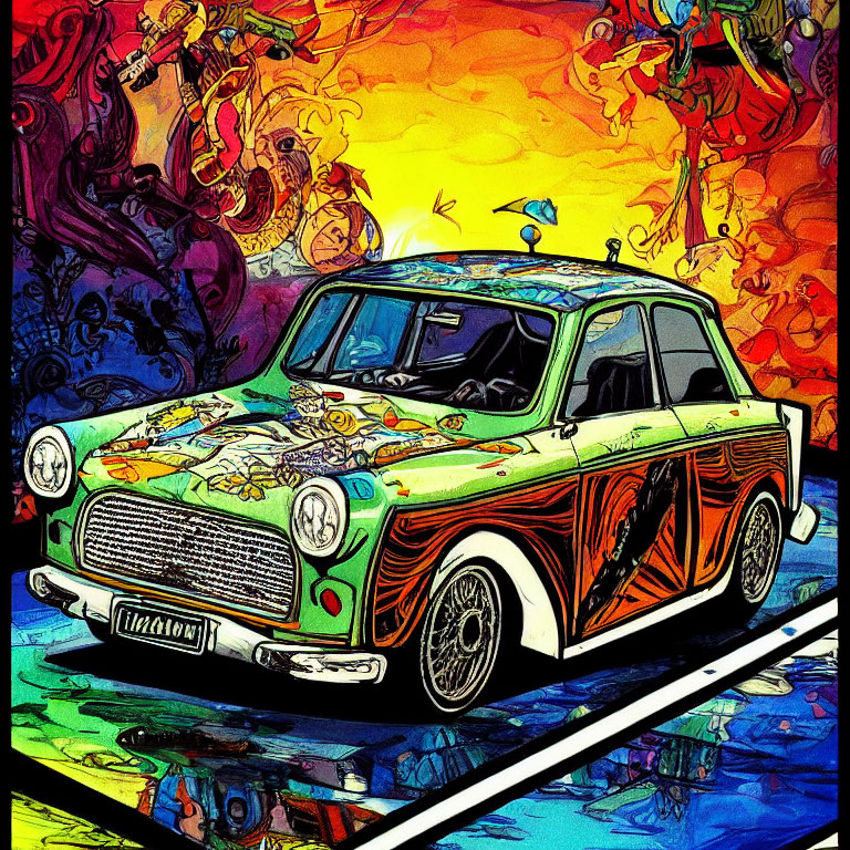 Colorful Psychedelic Artwork with Classic Car on Abstract Background