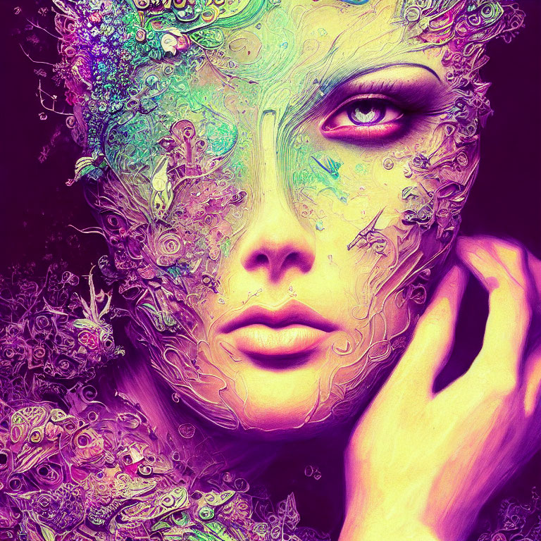 Colorful Woman's Face Artwork with Intricate Patterns in Purple and Green