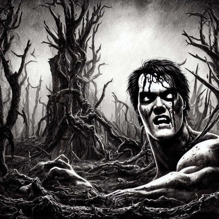 Monochrome illustration of man in barren forest with tense expression