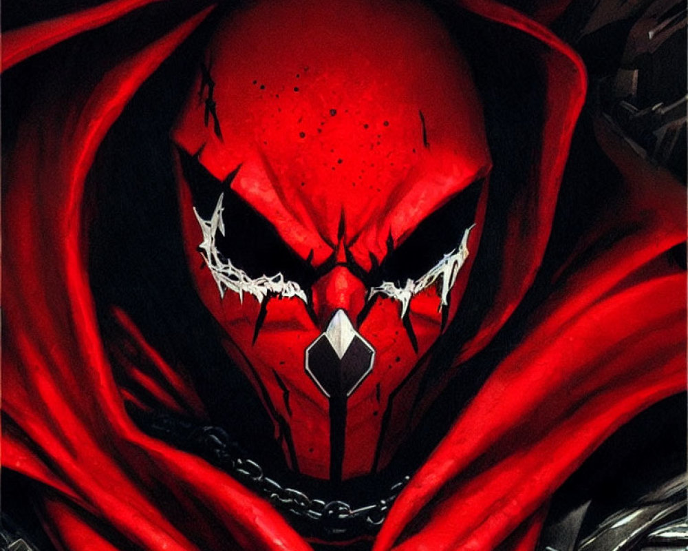 Red Hooded Figure with White Fangs and Diamond Symbol