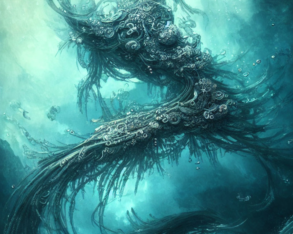 Intricate sea creature with ornate appendages in murky teal underwater scene