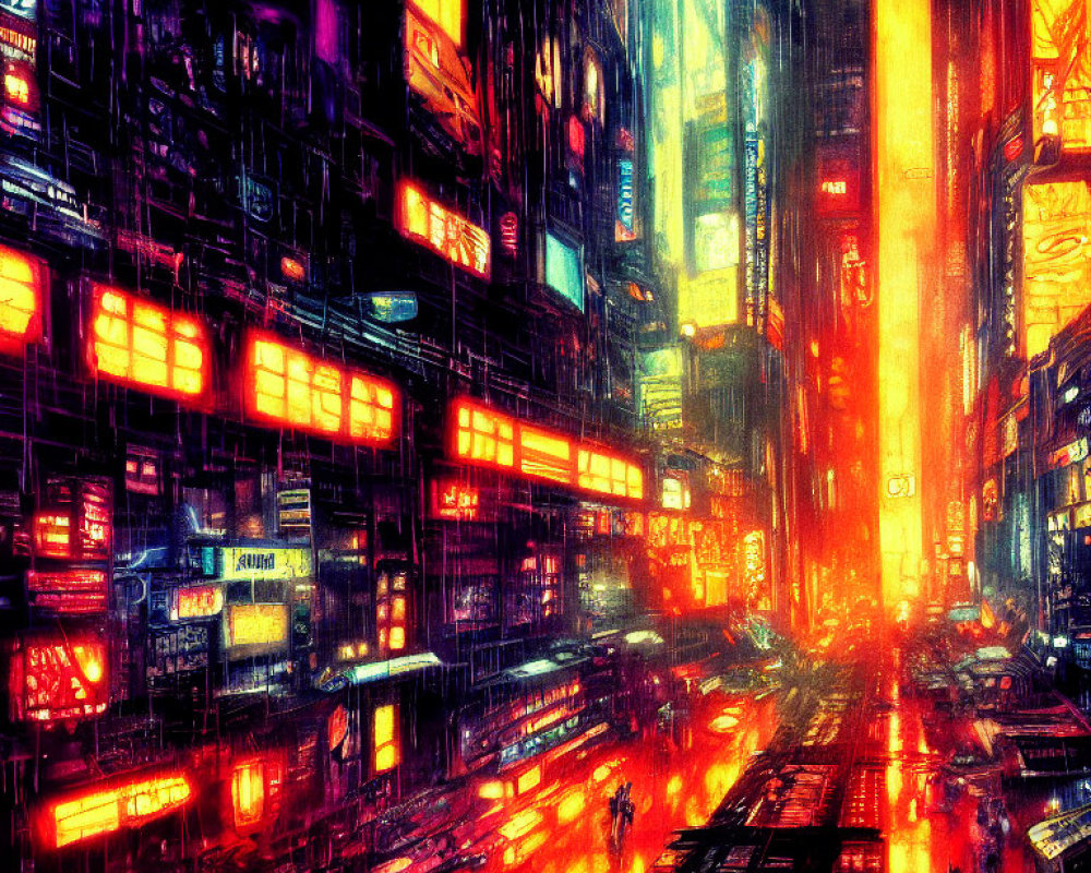 Vivid Cyberpunk Cityscape: Neon Signs, Skyscrapers, Reflective Streets