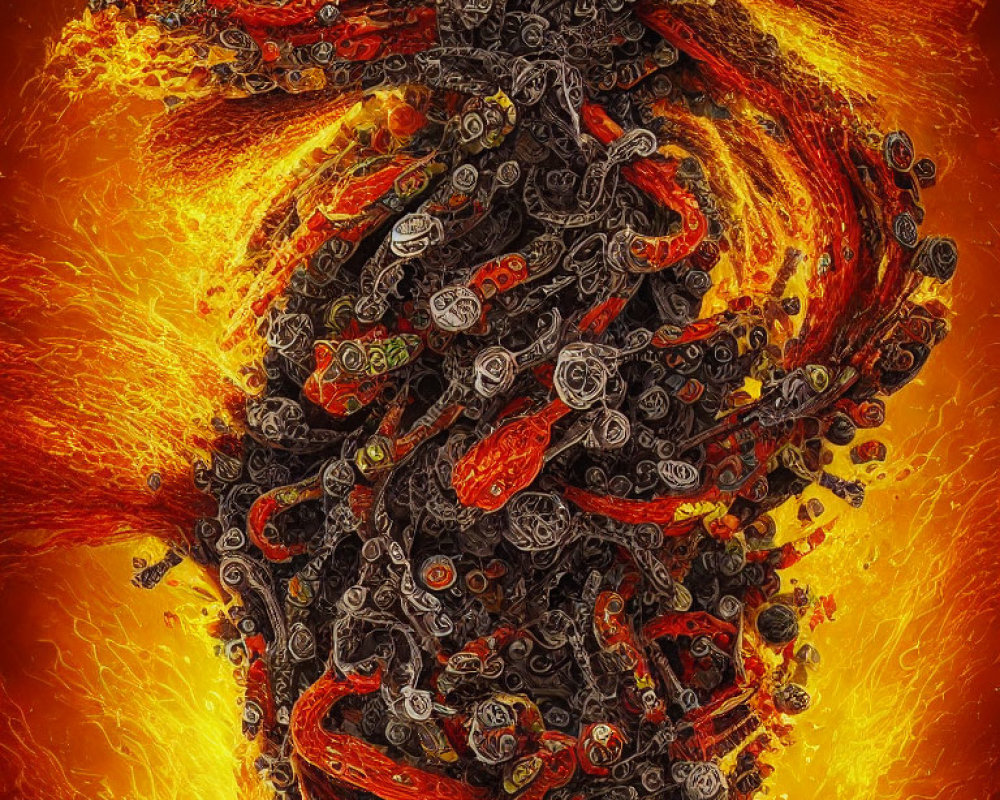 Abstract Fiery Vortex with Swirling Black Patterns and Glowing Orange and Red Hues