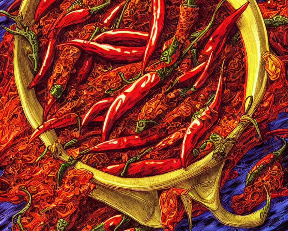 Colorful Illustration of Red Chili Peppers on Round Plate Against Blue Background