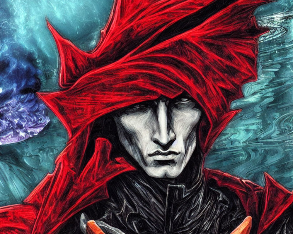 Stylized character with red spiky headpiece and dark armor on blue backdrop