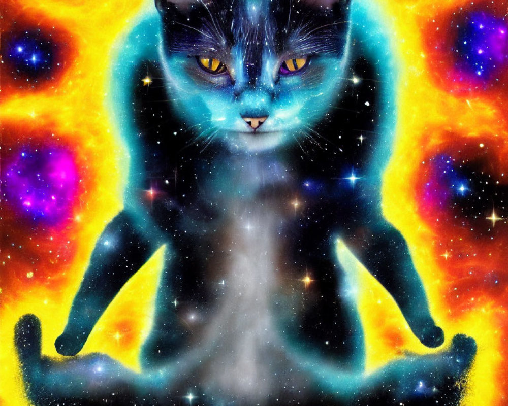 Cosmic pattern cat in meditative pose with starry nebula background