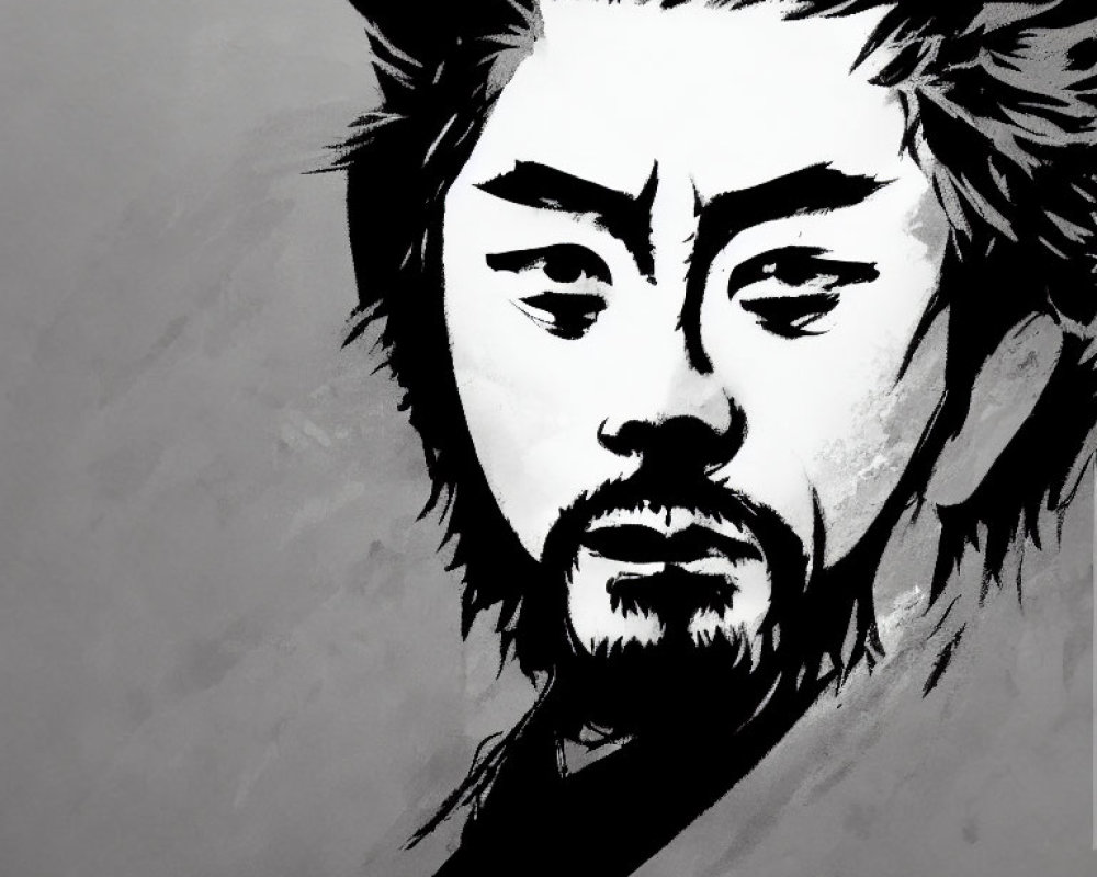 Monochrome illustration of man in traditional Asian attire with intense expression