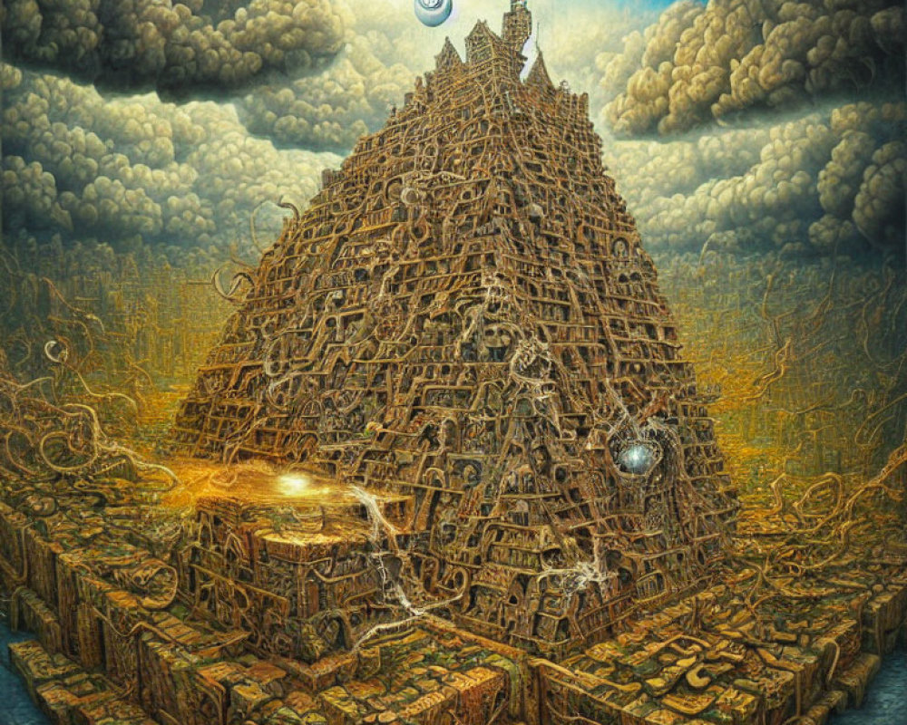 Detailed pyramid structure in golden landscape with clouds and orbs