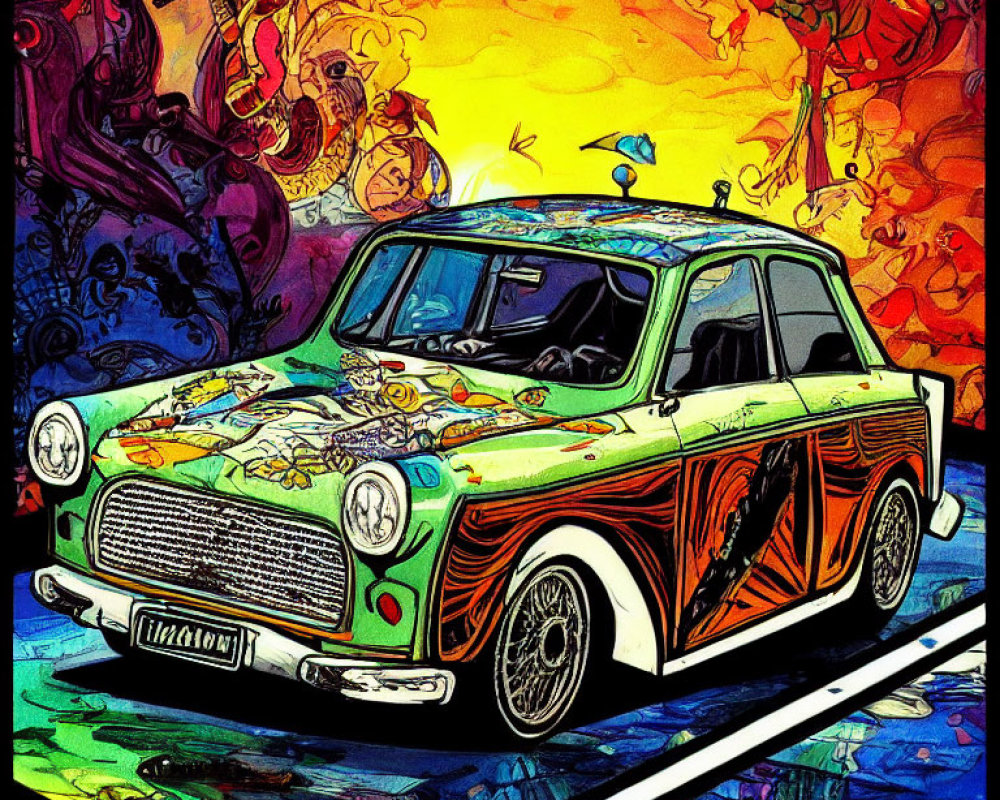 Colorful Psychedelic Artwork with Classic Car on Abstract Background