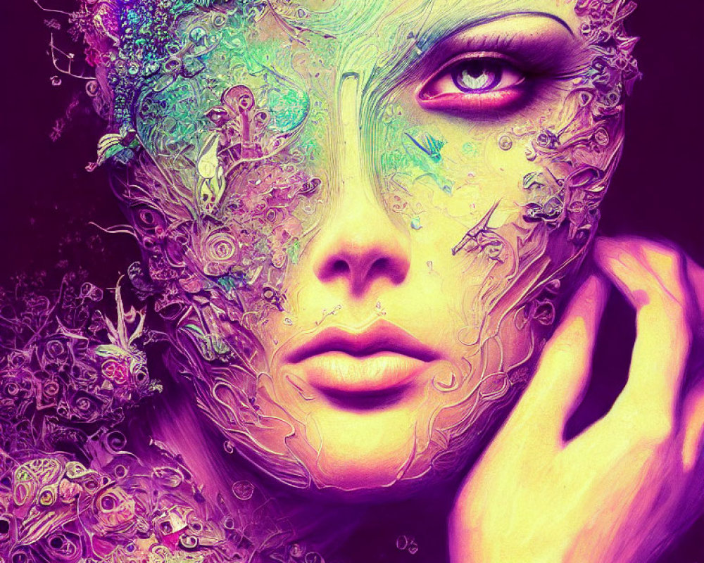 Colorful Woman's Face Artwork with Intricate Patterns in Purple and Green