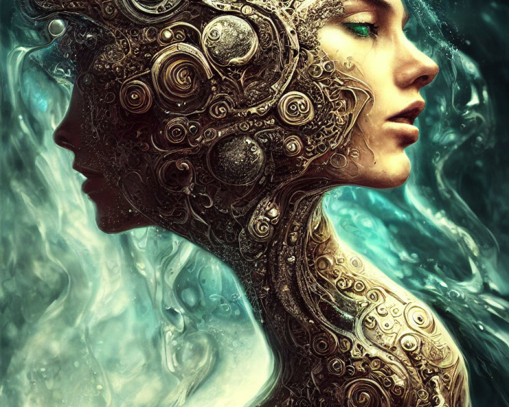 Woman with Intricate Metallic Embellishments Merging with Water Currents