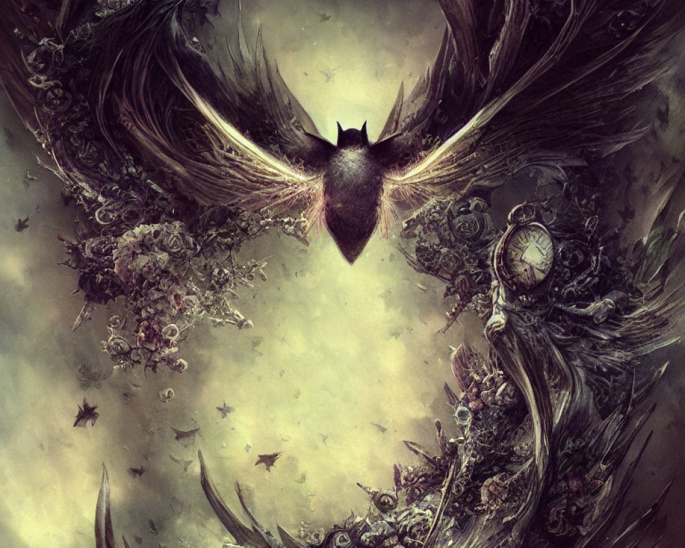 Dark Gothic Abstract Image: Bat-like Figure Surrounded by Swirling Shapes