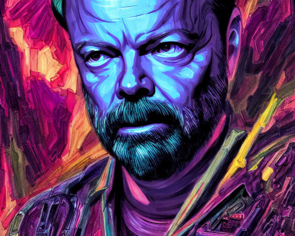 Colorful portrait of a bearded man with intense gaze in purple, pink, and blue hues.