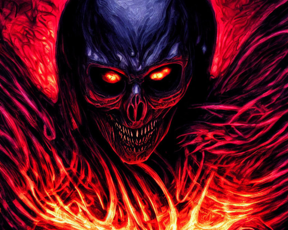 Intense skull with glowing red eyes in fiery red and black energy