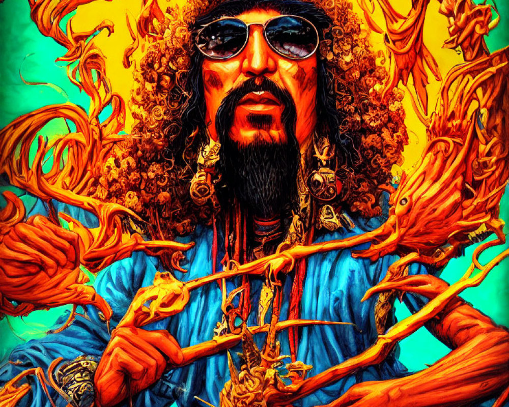 Colorful portrait of person with afro, sunglasses, and beard in blue shirt, surrounded by fiery