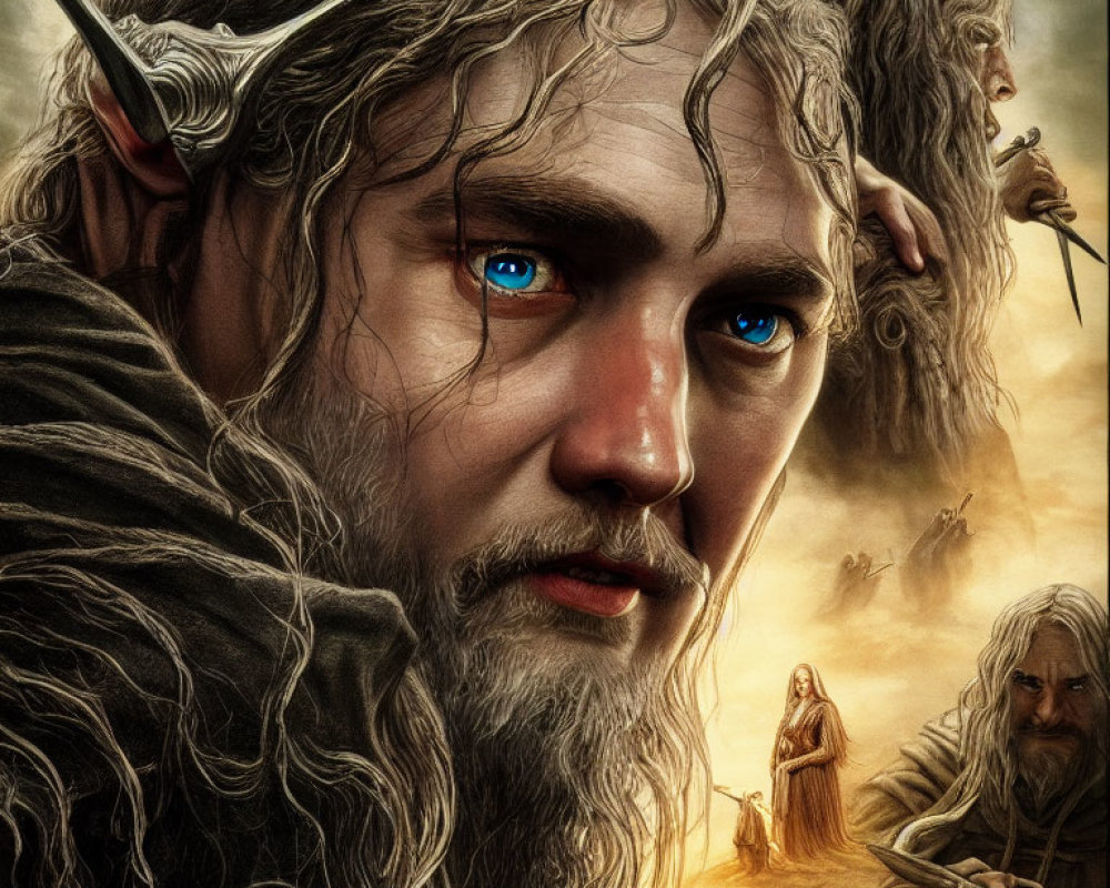 Bearded fantasy character with blue eyes in misty, tense scene