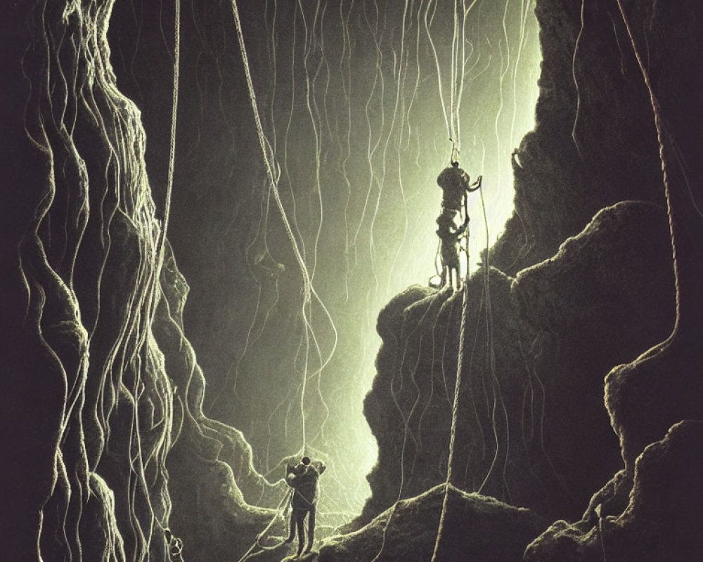 Climbers ascending rope in illuminated cavern with hanging roots