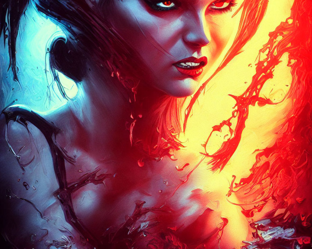 Artwork of Woman with Glowing Eyes in Red and Blue Illumination