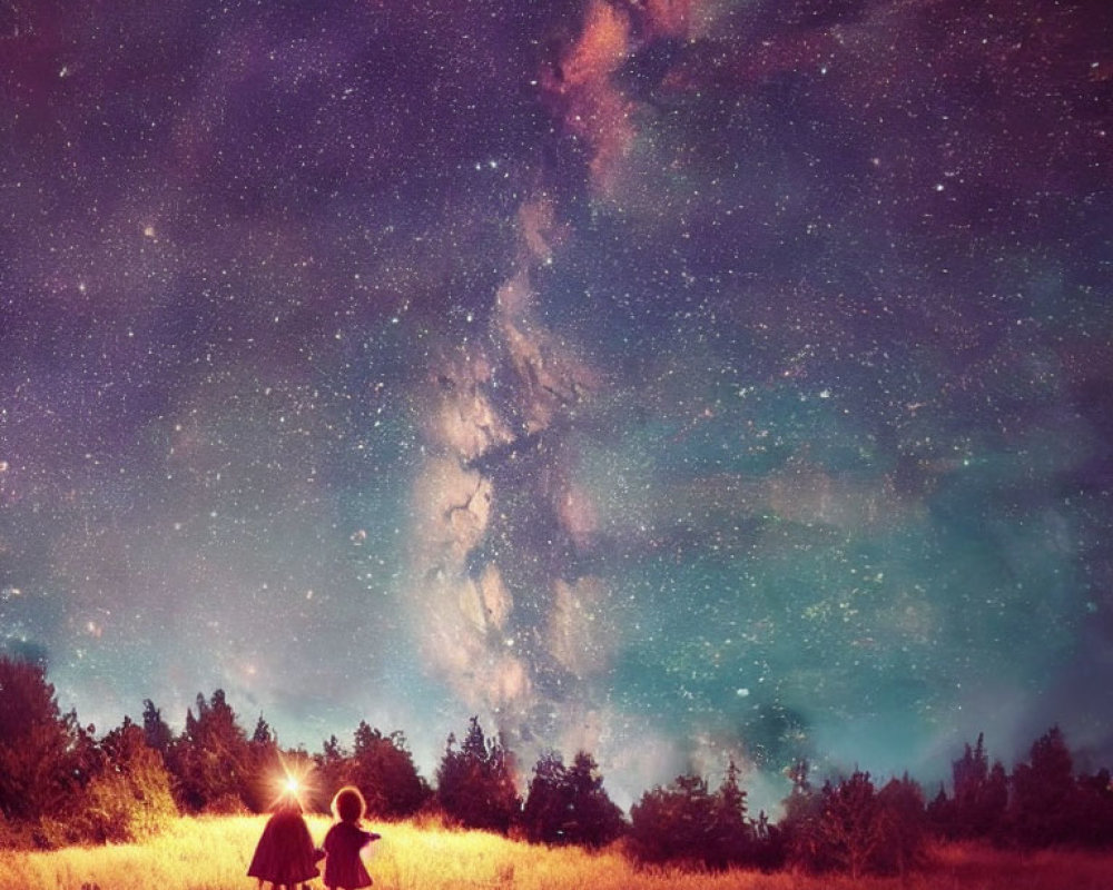 Children stargazing in grassy field under Milky Way galaxy