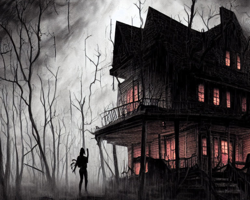 Creepy abandoned house in dark forest with red glowing windows and shadowy figure