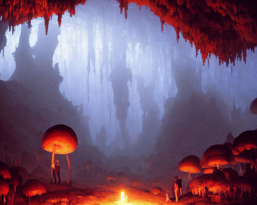 Mystical cave with glowing fire, oversized mushrooms, and silhouetted figures